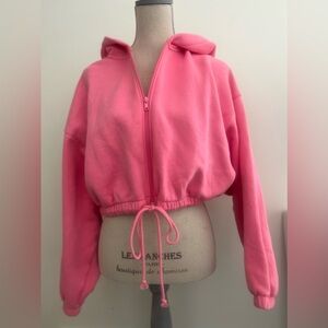 H&M Barbie pink cropped hoodie sweatshirt drawstring sz medium nwot